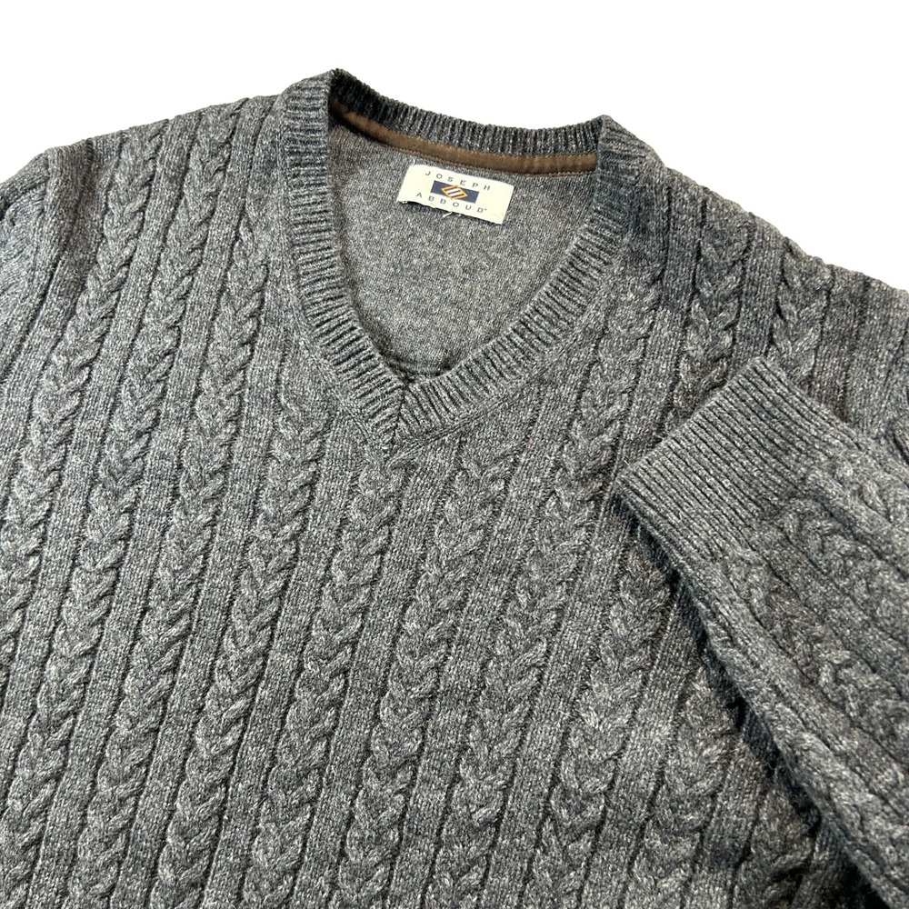 Joseph Abboud Sweater Mens XL Gray Cable Knit V-Neck Long Sleeve Pullover